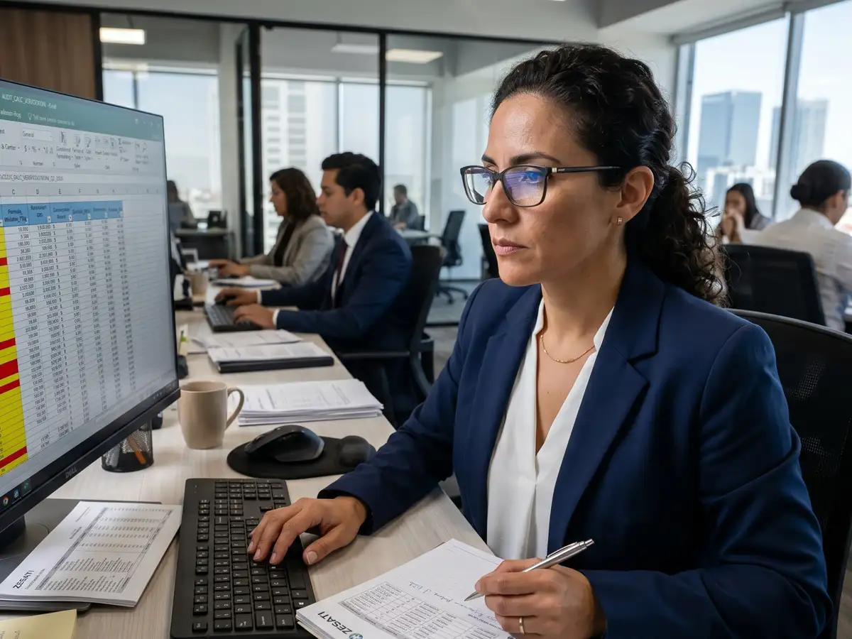 Especialistas en administración de nómina revisando archivos de Excel con celdas y fórmulas ocultas. Auditoría de información laboral, validación de cálculos de nómina, control documental y supervisión de procesos para reducir riesgos operativos y fortalecer la confiabilidad de la información empresarial.