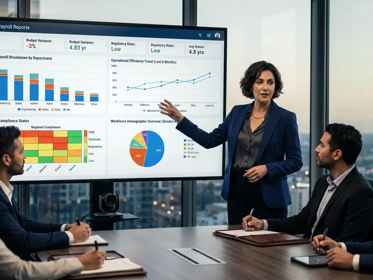 Ejecutivos analizando reportes periódicos de nómina, movimientos de personal, obligaciones patronales y cumplimiento laboral. Integración de indicadores operativos para fortalecer el control administrativo, la supervisión de procesos y la toma de decisiones empresariales.