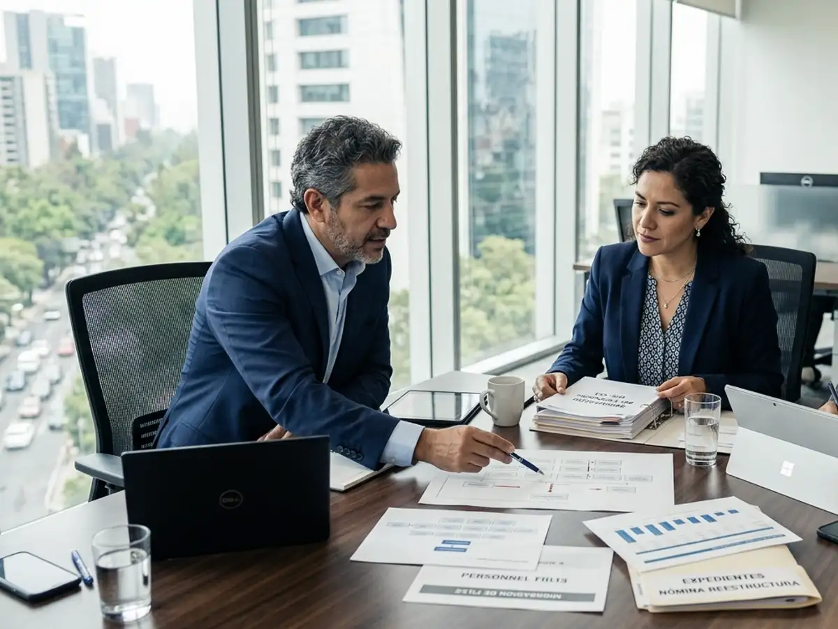 Migración de personal y reestructuración de nómina empresarial realizada por especialistas en administración de nómina. Equipo ejecutivo revisando movimientos de colaboradores, actualización de expedientes laborales, reorganización de estructuras organizacionales y cumplimiento de obligaciones patronales ante IMSS, INFONAVIT e ISN. Servicio de administración integral de nómina orientado al control laboral, la continuidad operativa, la documentación de personal y la reducción de riesgos legales y fiscales.