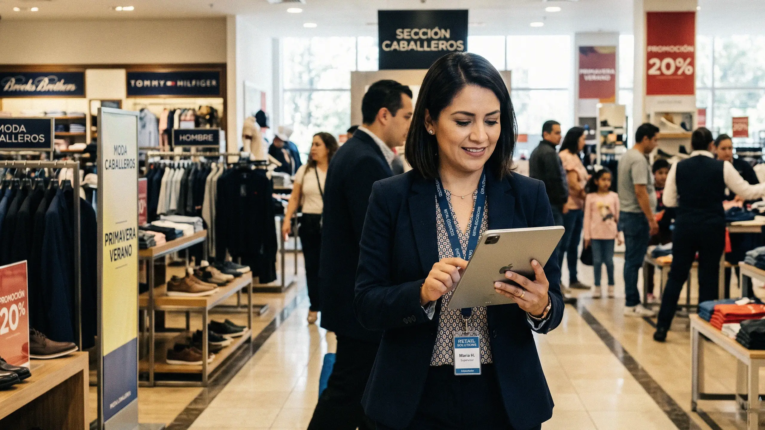 Supervisora de promotoría revisando operación comercial en tienda departamental de México mediante tableta digital. Coordinación de personal en punto de venta, supervisión de promotores, control de asistencia, seguimiento de incidencias, ejecución de estrategias de trade marketing y monitoreo de presencia de marca en retail. Servicio especializado de promotoría administrado por Zesati Internacional con cobertura nacional, personal capacitado, reportes estratégicos para la toma de decisiones, cumplimiento REPSE, gestión de promotores en cadenas departamentales y autoservicio, control operativo, capacitación, reclutamiento y supervisión continua para fortalecer resultados comerciales y ejecución en piso de venta.