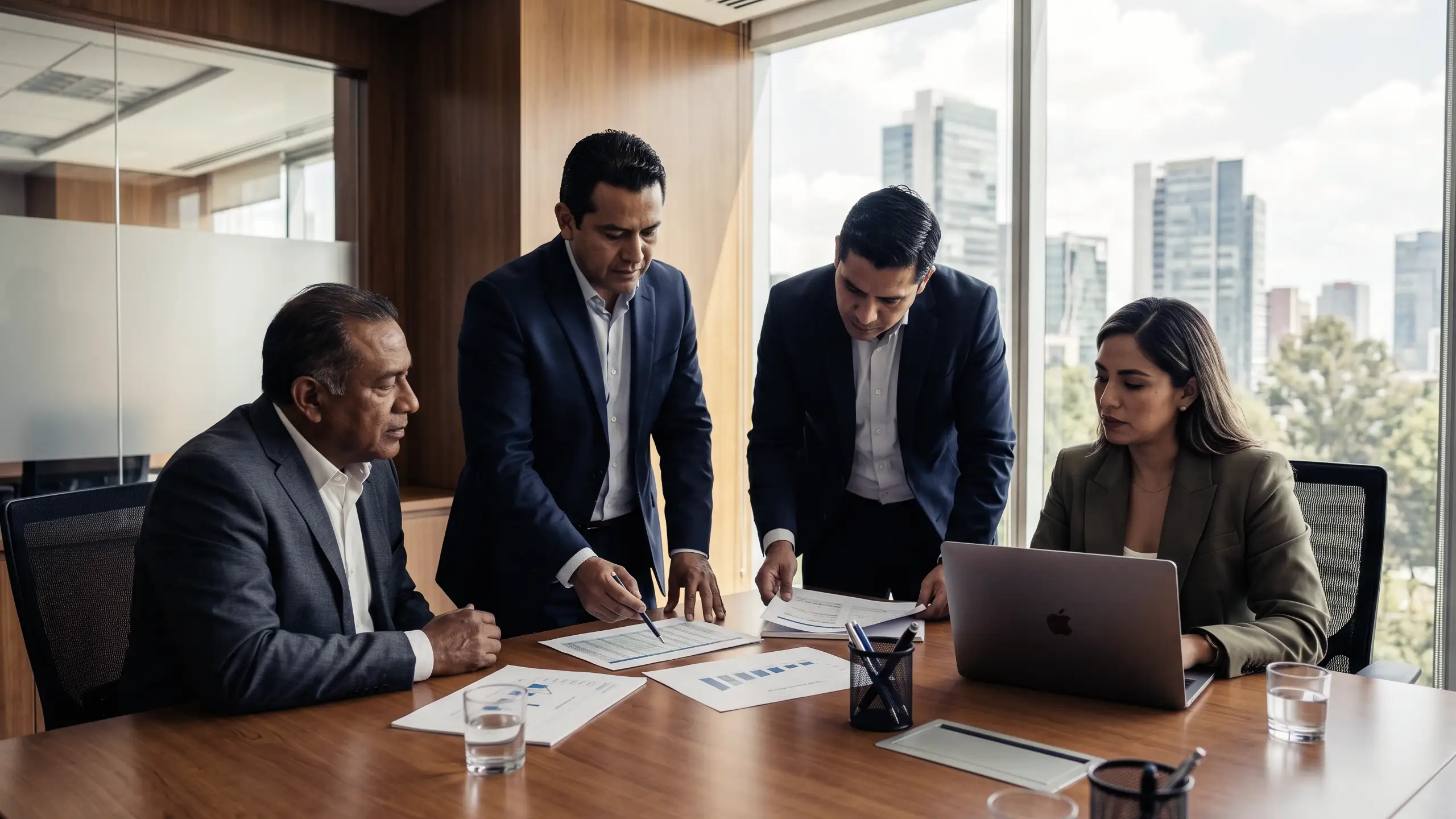 Administrador de empresas y equipo multidisciplinario revisando información operativa y estratégica en sala de juntas corporativa. Reunión de trabajo enfocada en control administrativo, supervisión de procesos, toma de decisiones, cumplimiento laboral, gestión de personal, administración de nómina, análisis de reportes y coordinación operativa. Profesionales mexicanos colaborando en un entorno empresarial moderno para fortalecer controles internos, reducir riesgos operativos y mejorar la gestión de recursos humanos en una organización.
